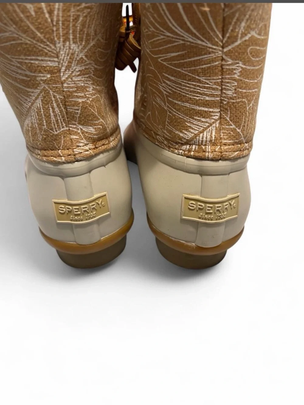 Sperry Tan and Cream Patterned Duck Boots